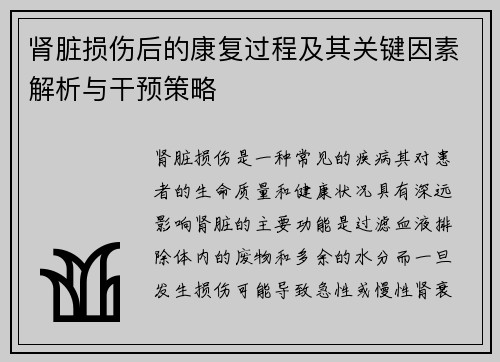 肾脏损伤后的康复过程及其关键因素解析与干预策略